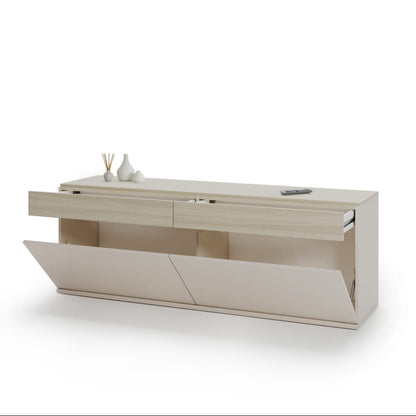 Beige office desk with drawers and a white background