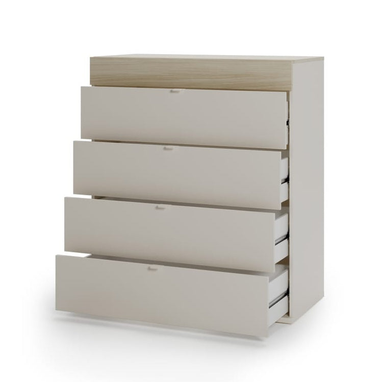 Beige chest of drawers with four drawers on a white background