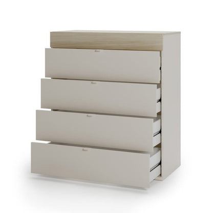 Beige chest of drawers with four drawers on a white background