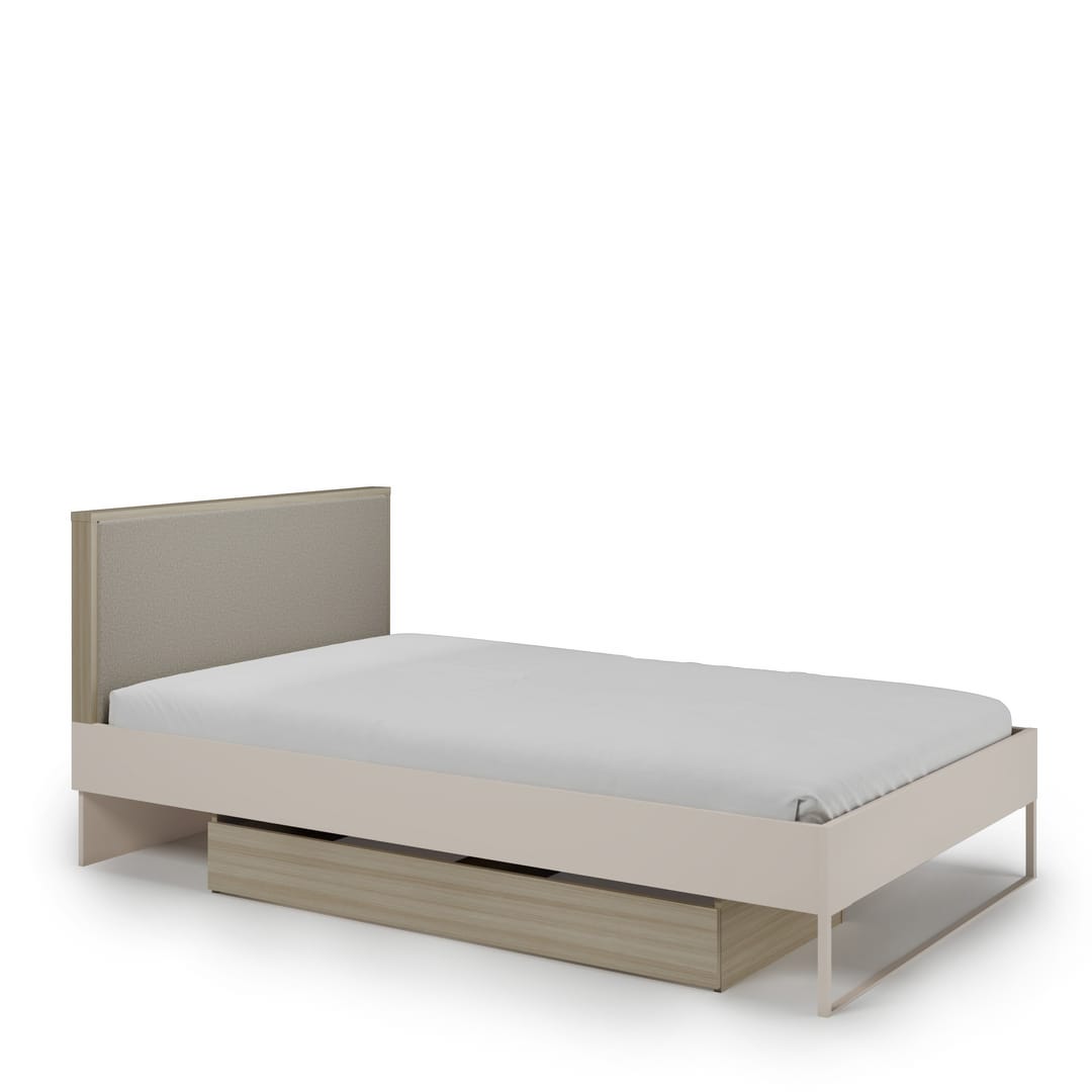 Beige bed frame with storage drawers on a white background