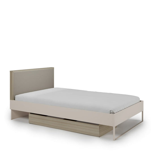 Beige bed frame with storage drawers on a white background