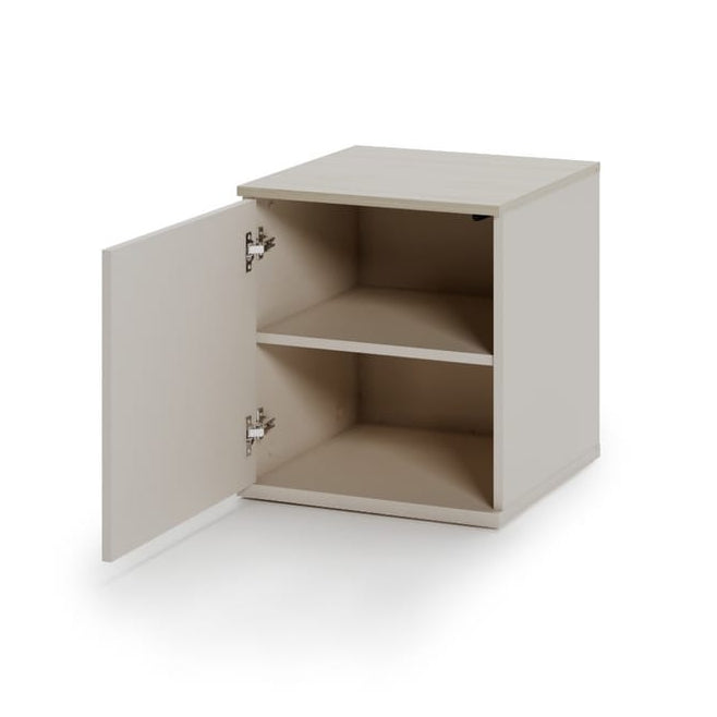 Small beige cabinet with a single door on a white background
