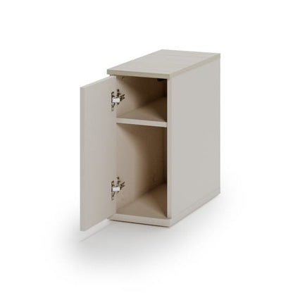 Beige storage cabinet with a small shelf on a white background