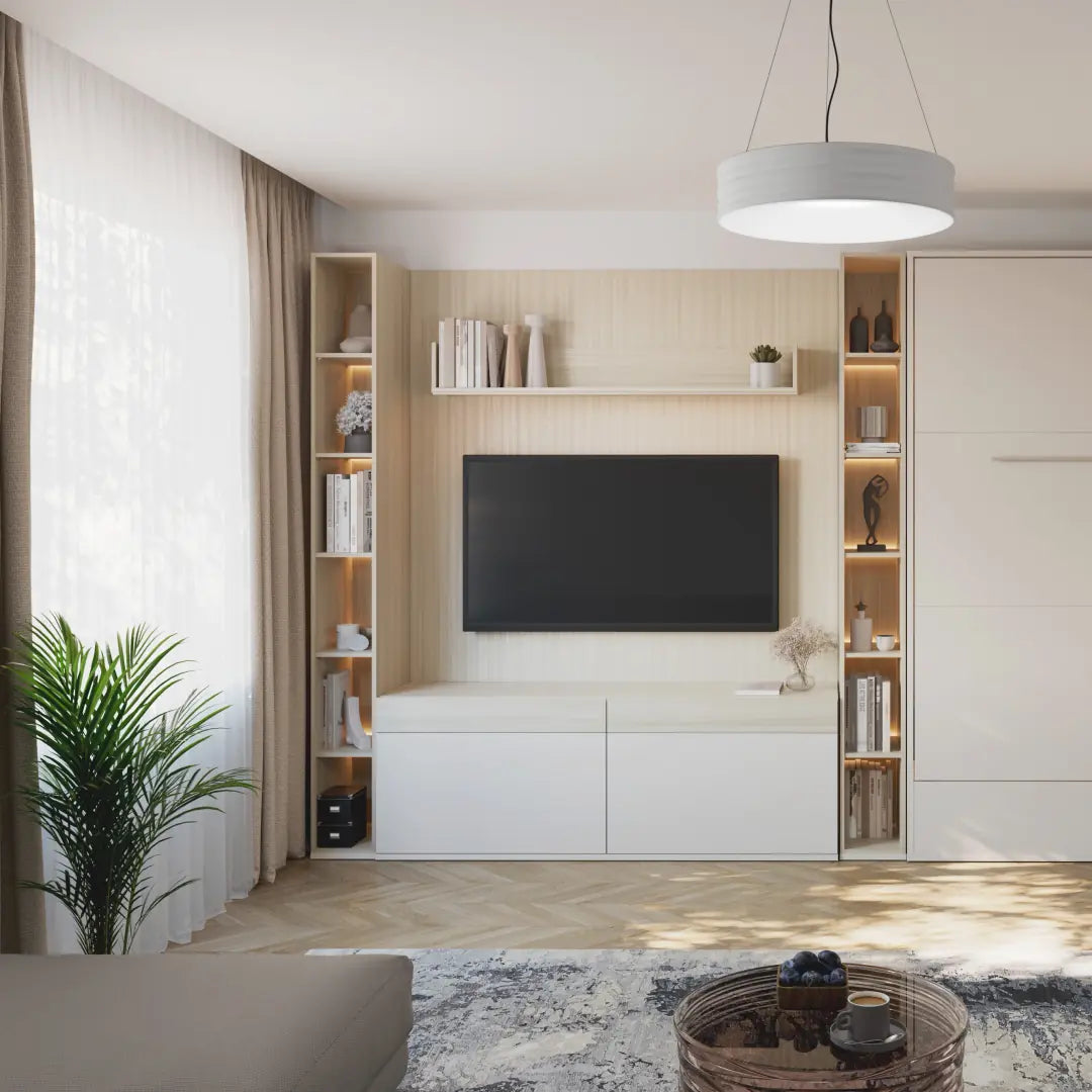 Modern living room with a television mounted on a wall unit with shelves.