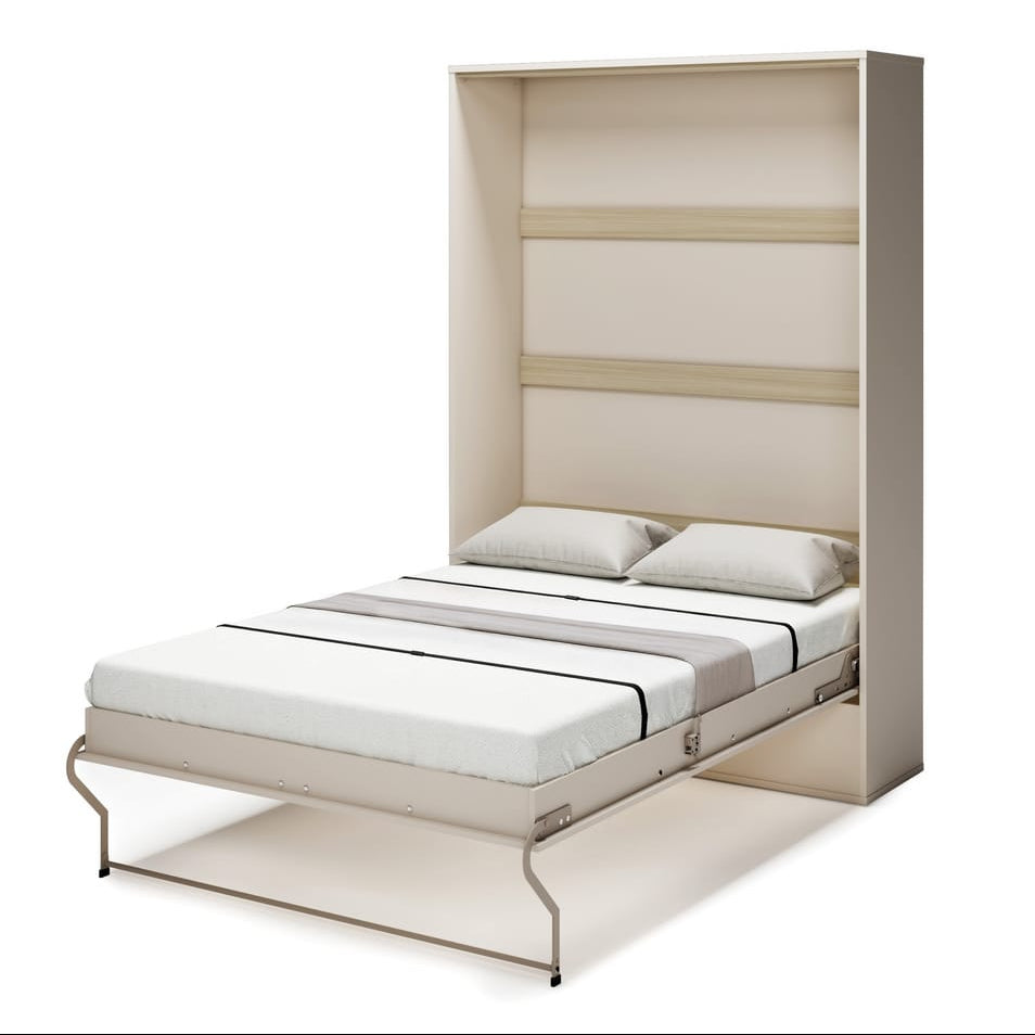 Mortise and tenon Murphy bed with white mattress and pillows on a white background