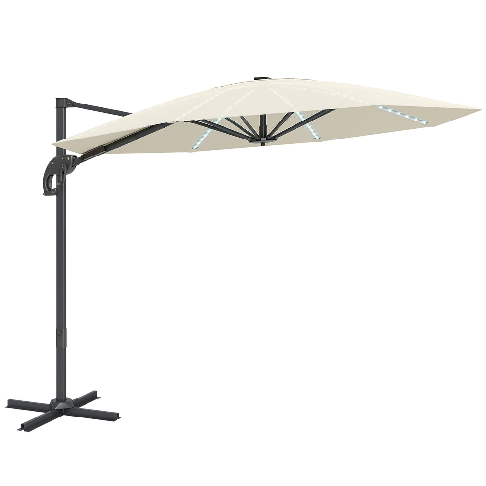 Outsunny 3(m) Cantilever Garden Parasol with Solar Powered Lights, Crank Handle & Cross Base, UPF 50+, 360° Rotation, Cream