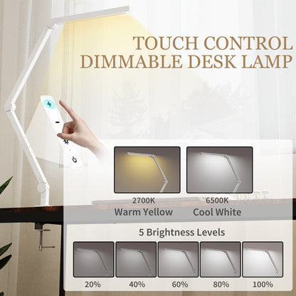 HOMCOM LED Desk Lamp, Dimmable Desk Light with Swing Arm and Clamp, Adjustable Eye-Caring Table Lamp with 2 Colour Modes & 5 Brightness Levels for Study, Drawing, Office, Architect, Task, White