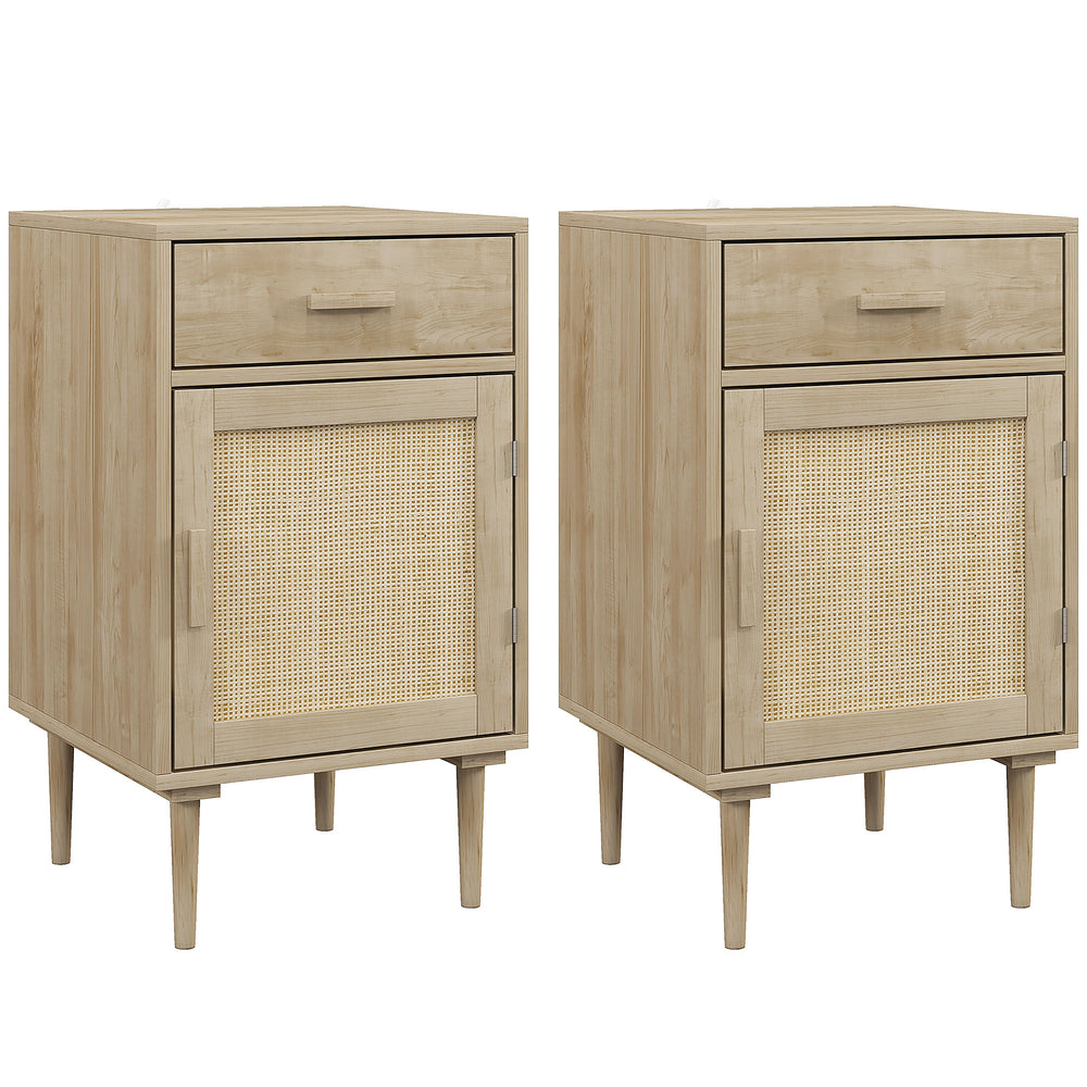 HOMCOM Bedside Tables Set of 2, Rattan Side Tables with Drawer, Cabinet and Adjustable Shelf, Boho Bedside Cabinets with Storage for Bedroom, Living Room, Natural Wood Finish
