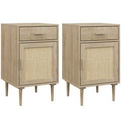 HOMCOM Bedside Tables Set of 2, Rattan Side Tables with Drawer, Cabinet and Adjustable Shelf, Boho Bedside Cabinets with Storage for Bedroom, Living Room, Natural Wood Finish