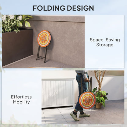 Outsunny Mosaic Outdoor Garden Table, 35.5cm Round Folding Coffee Table with Metal Frame for Balcony Terrace, Orange
