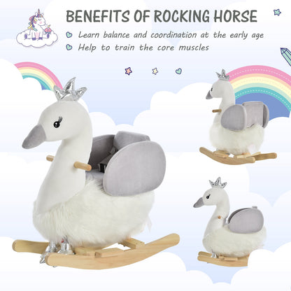 HOMCOM Kids Rocking Horse, Children Plush Ride On Swan Animal Rocker w/ Sound, Wood Base Seat, Safety Belt, Baby Toy Rocker for Toddler 18 - 36 Months, White and Grey