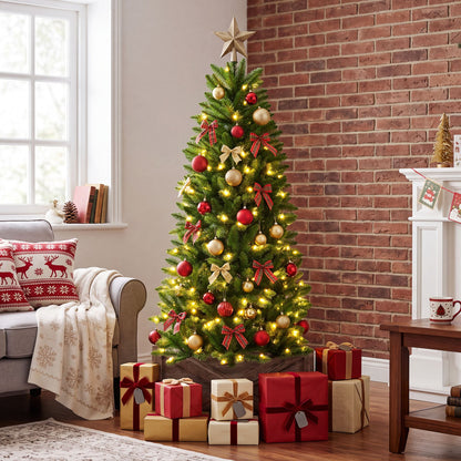 150 CM Artificial Christmas Tree with Wood Collar and 300 Full Branch Tips