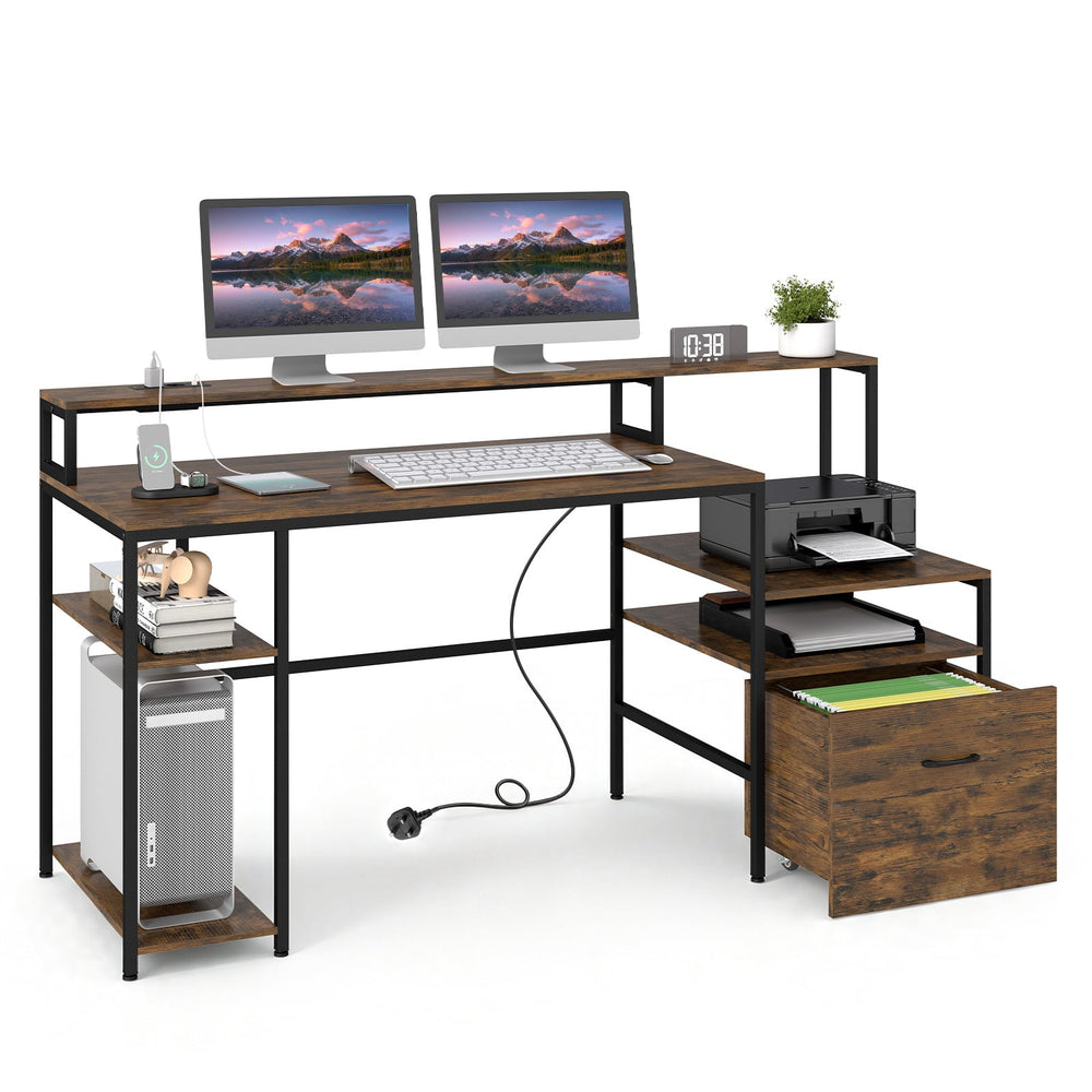 COSTWAY 166CM Computer Desk with Charging Station for Home Office-Rustic Brown