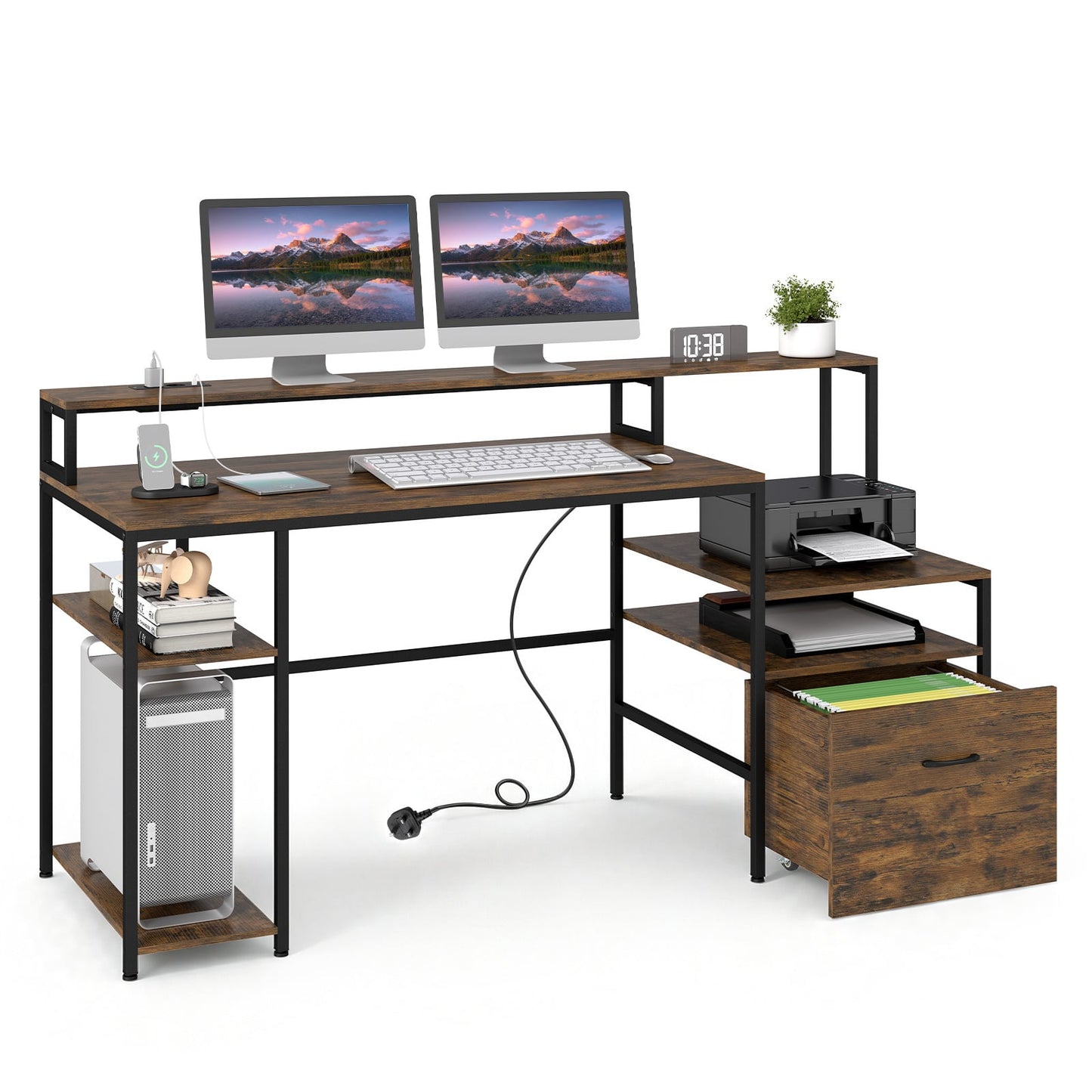 COSTWAY 166CM Computer Desk with Charging Station for Home Office-Rustic Brown