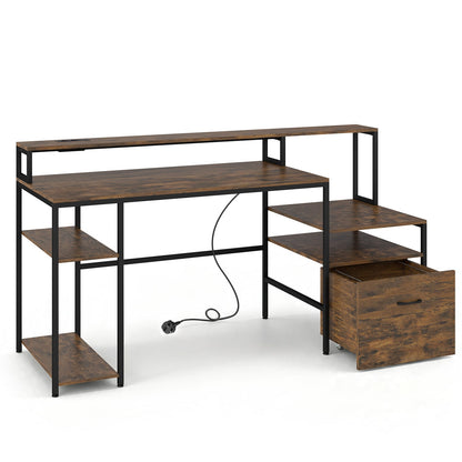 COSTWAY 166CM Computer Desk with Charging Station for Home Office-Rustic Brown