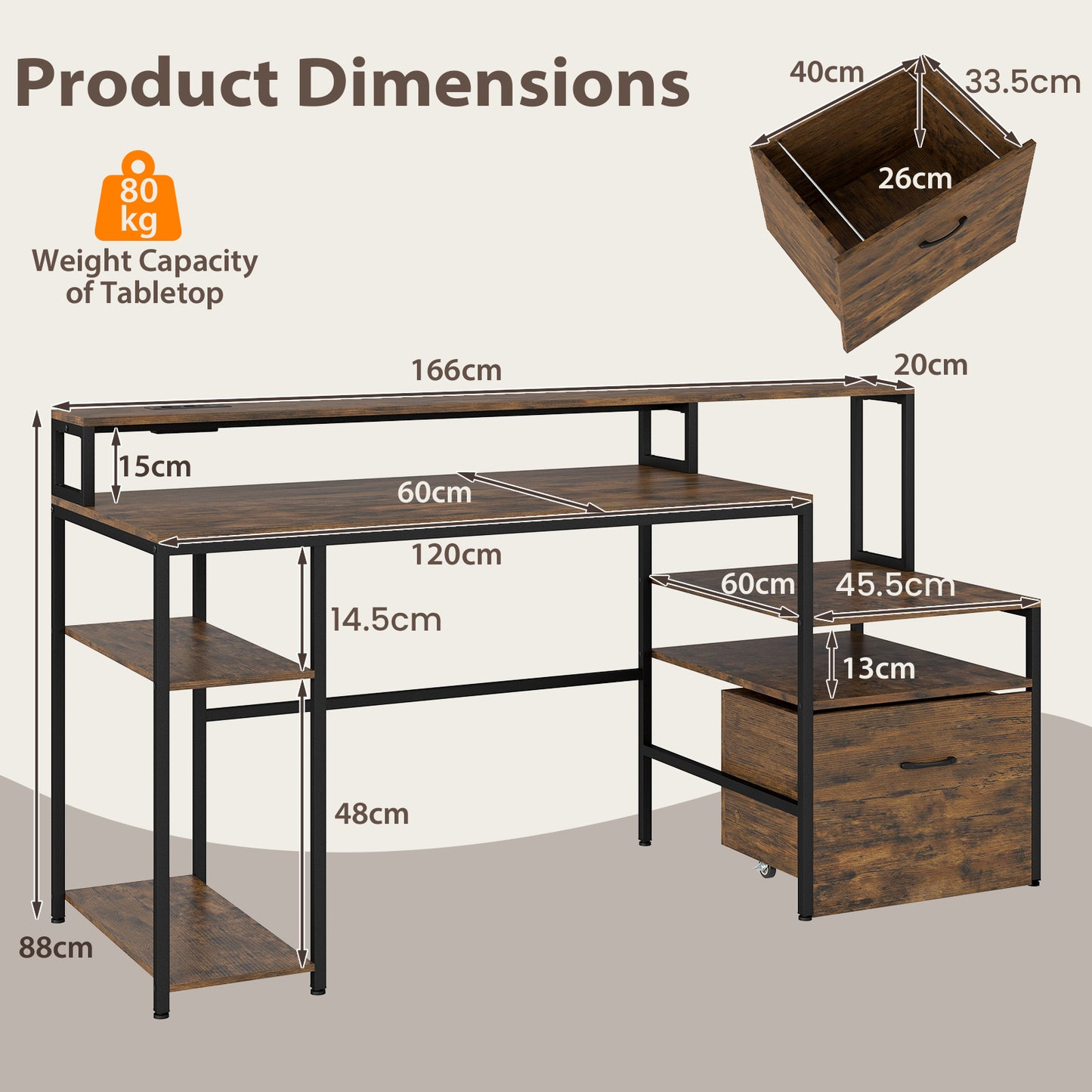 COSTWAY 166CM Computer Desk with Charging Station for Home Office-Rustic Brown