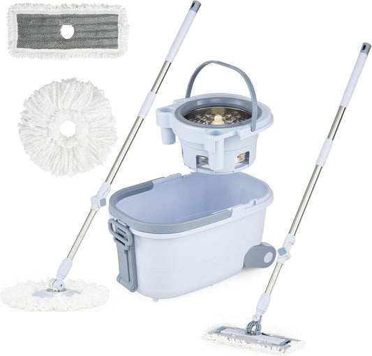 COSTWAY Spin Mop and Bucket Set with Dual Tank Design 1 Rectangular Mop and 1 Round Mop