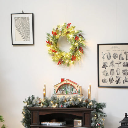 HOMCOM 60 cm Prelit Christmas Wreath, Door Wreath with Realistic Branches, 30 Warm White LEDs, Timer, Battery Operated