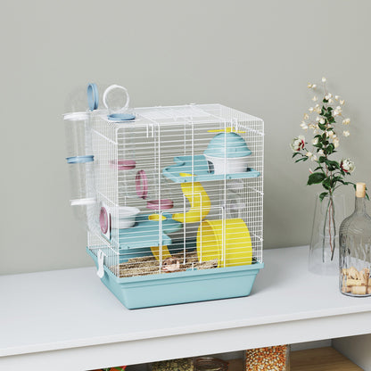 PawHut 3-Level Hamster Cage with Exercise Wheel, Water Bottle, Food Bowl, for Dwarf Hamsters, 34.5 x 27.5 x 41 cm, Blue