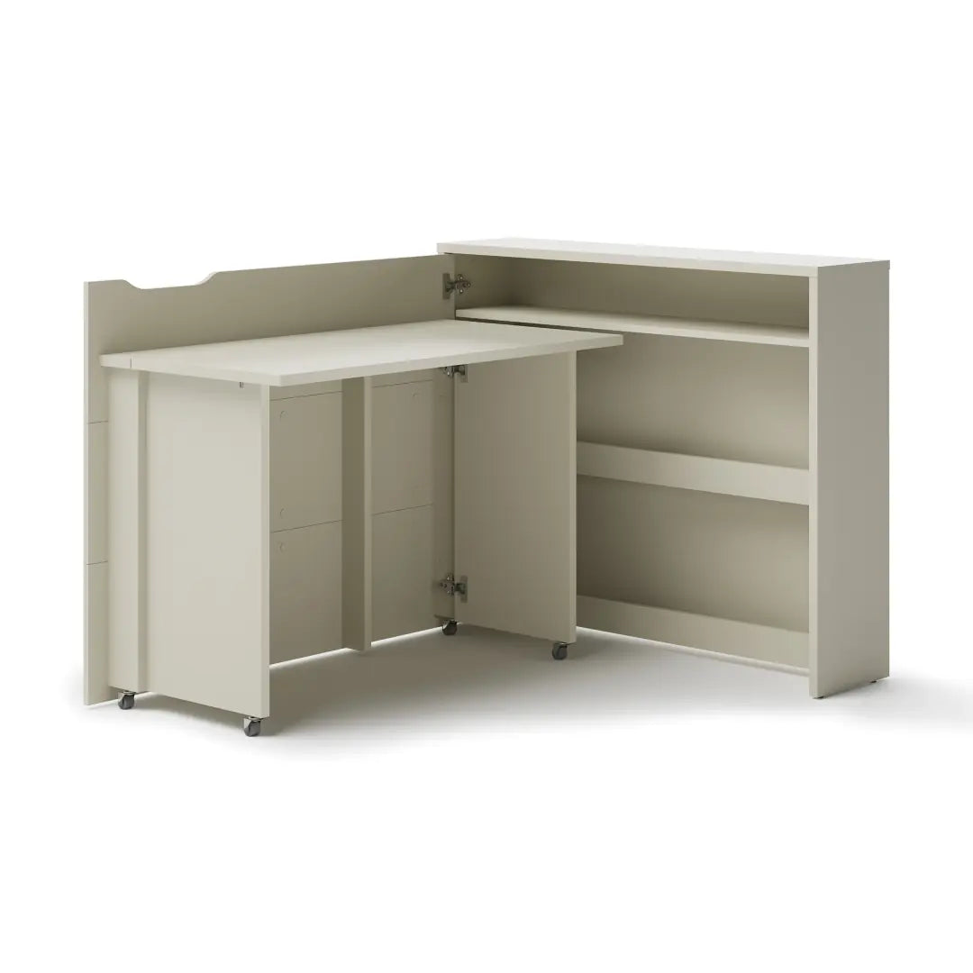Beige L-shaped desk with storage cabinets on a white background