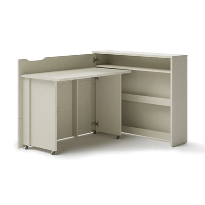 Beige L-shaped desk with storage cabinets on a white background