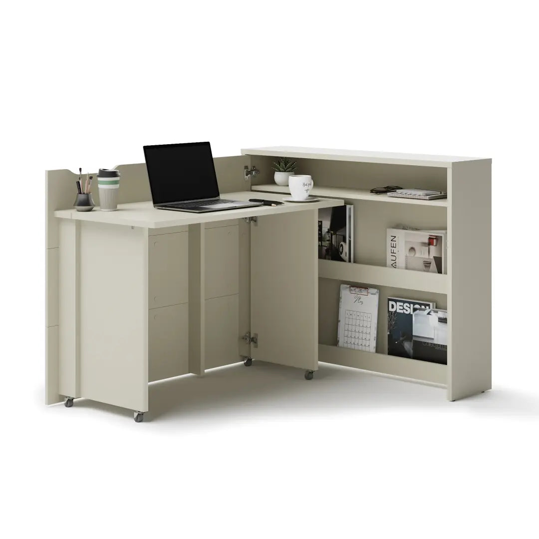 Beige L-shaped desk with a laptop, books, and a cup on a white background