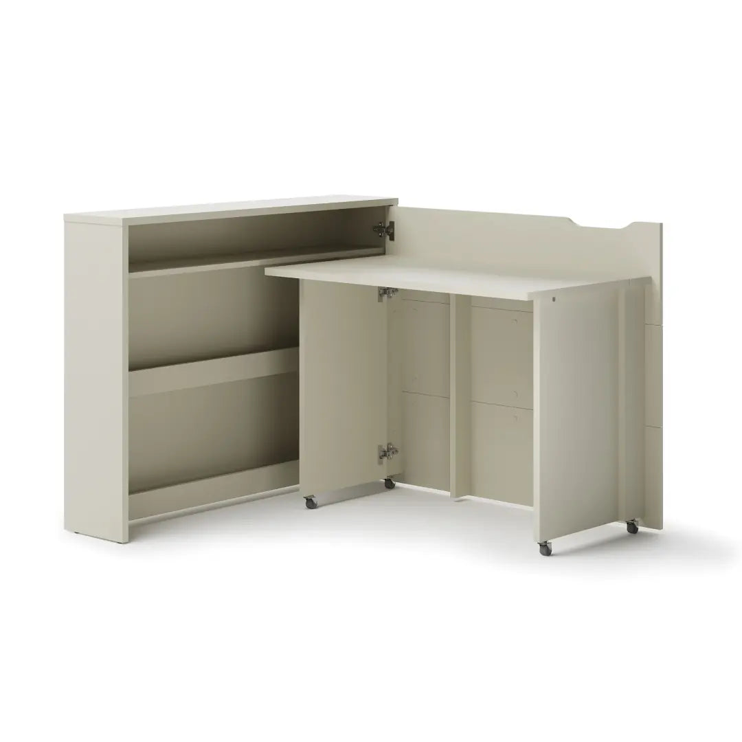 Beige L-shaped desk with storage shelves on a white background