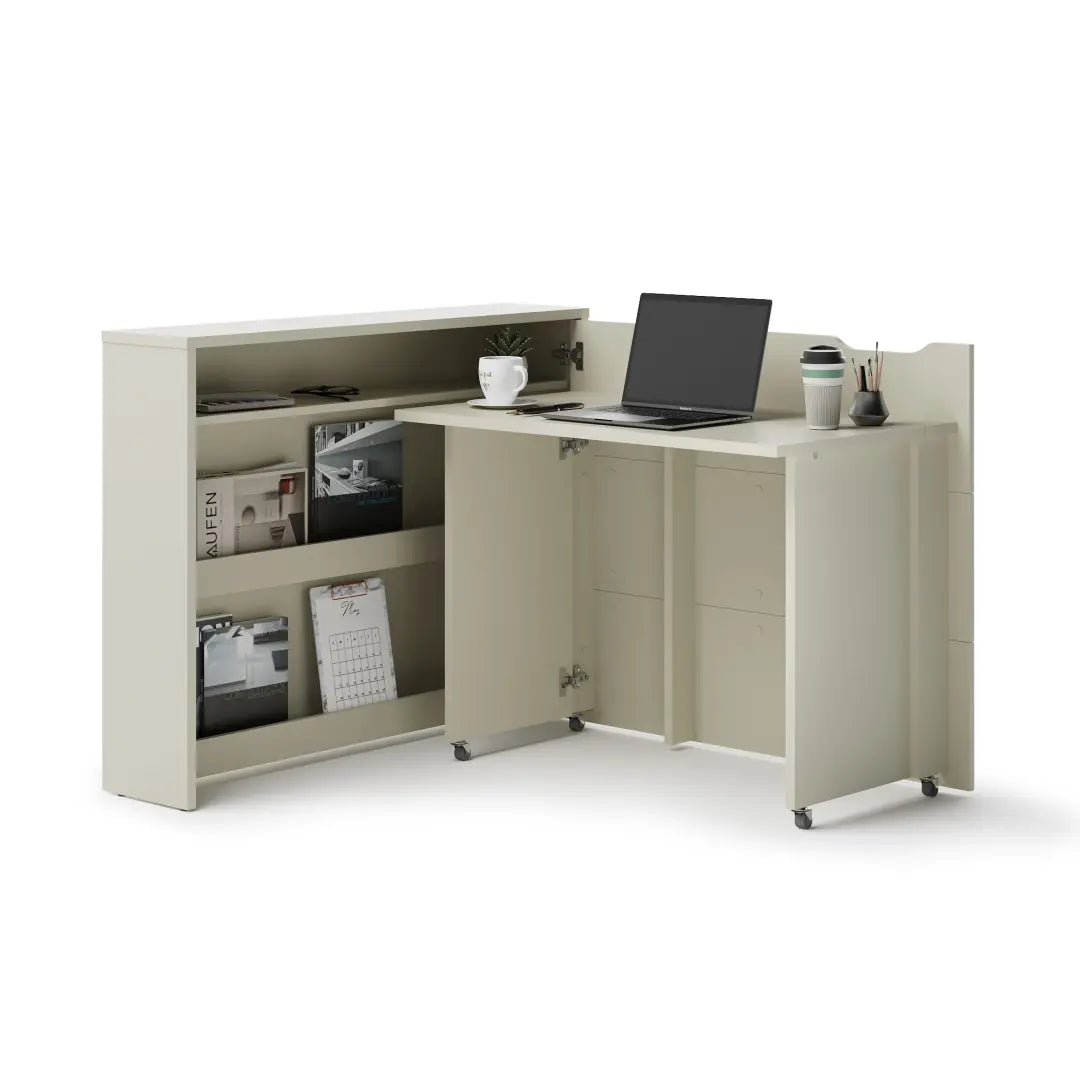 Beige L-shaped desk with office items on a white background