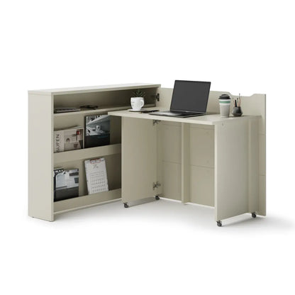 Beige L-shaped desk with office items on a white background