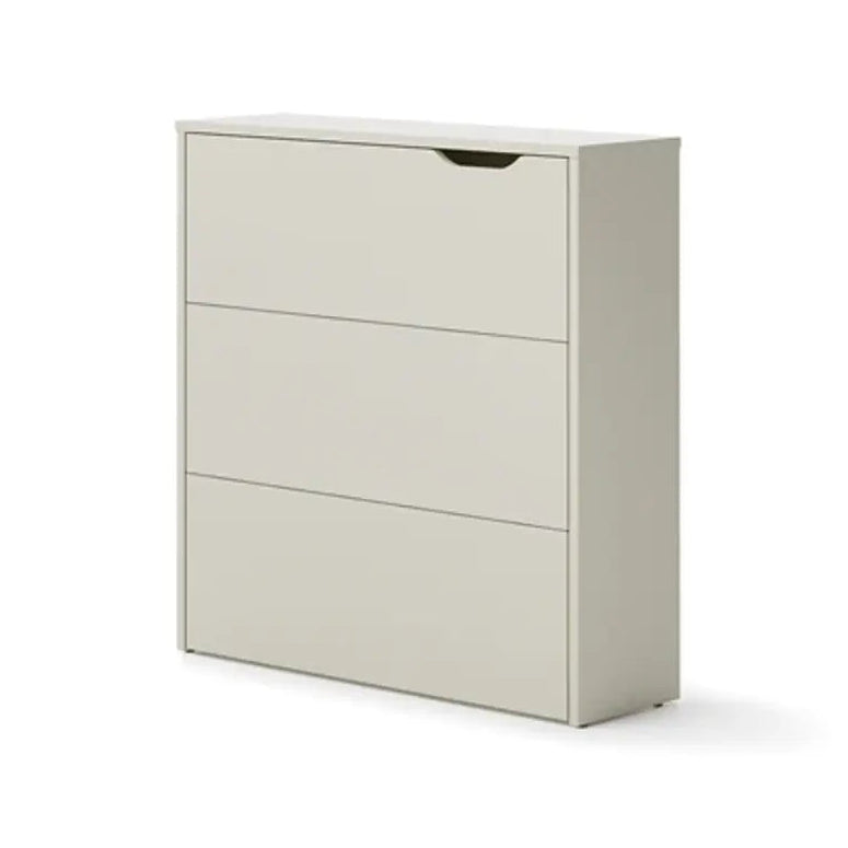 Light gray shoe cabinet with two drawers on a white background