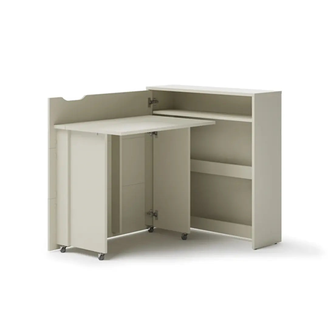 Beige L-shaped desk with storage shelves on a white background