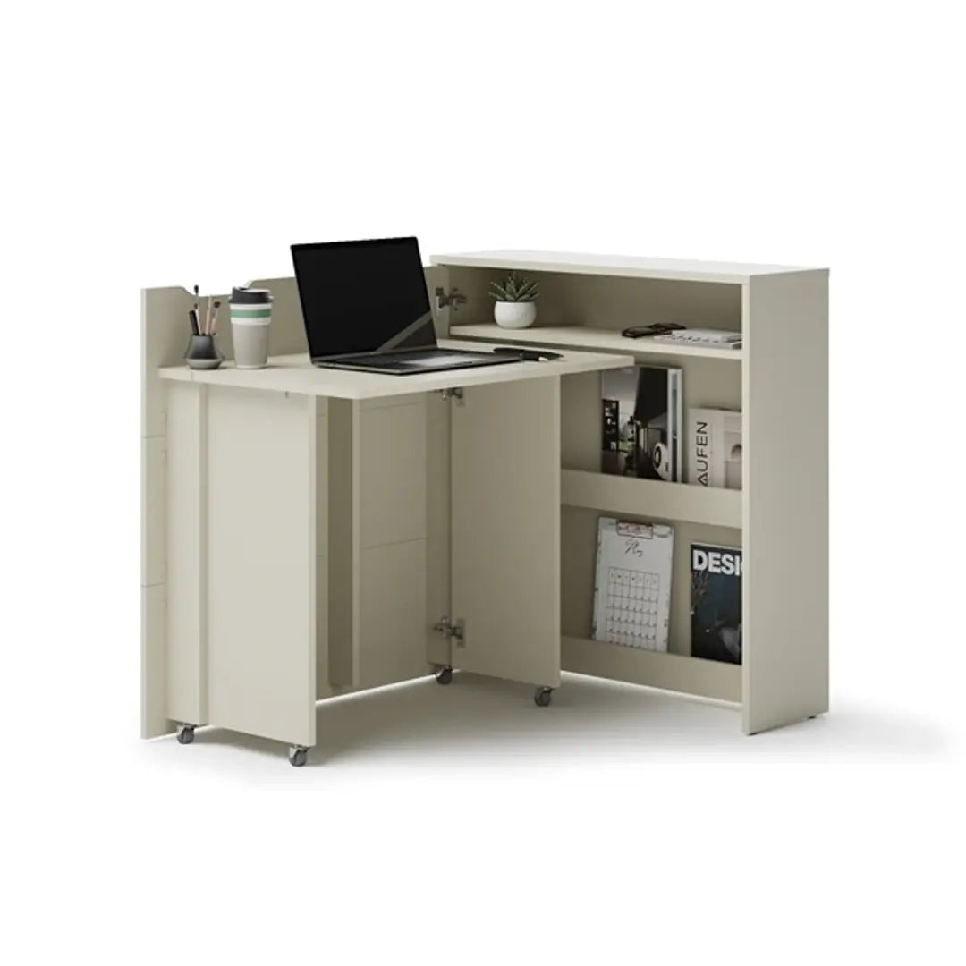 Beige L-shaped desk with a laptop, books, and a calendar on a white background