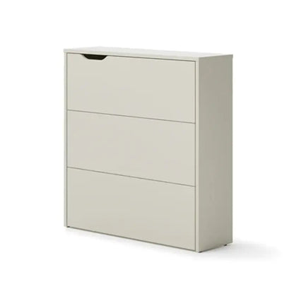 White shoe cabinet with three drawers on a white background