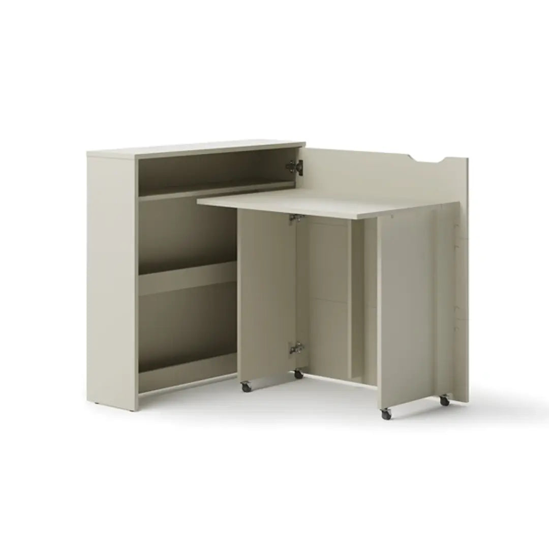 Beige office desk with storage shelves on a white background