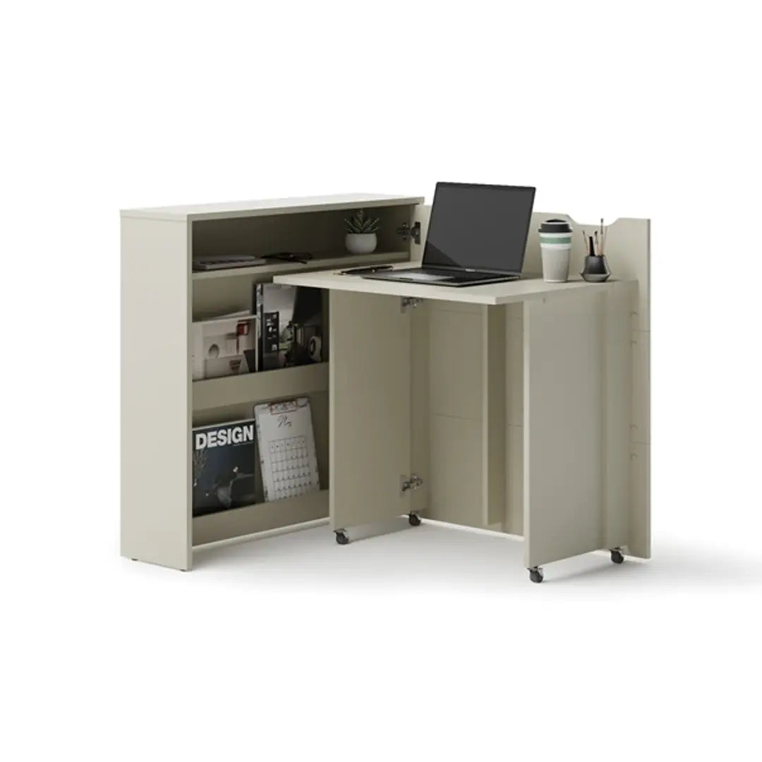 Beige office desk with a laptop and office supplies on a white background