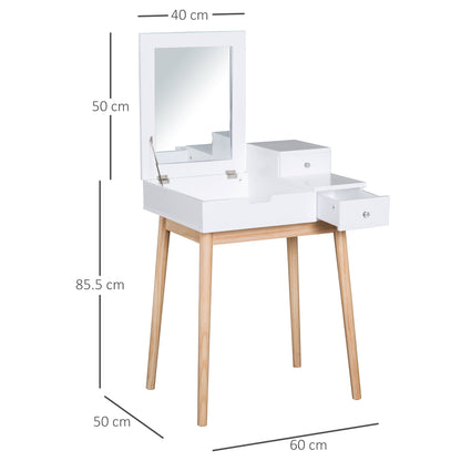 HOMCOM MDF,Pine Dressing Table Desk Flip-up Mirror Multi-purpose 2 Drawers Modern - White