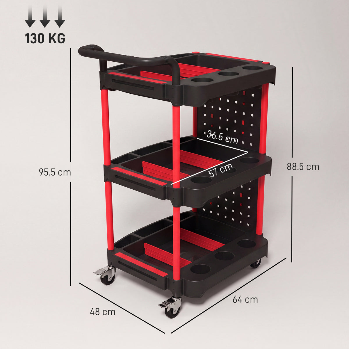 HOMCOM 3-Tier Rolling Tool Cart with Pegboard and Hooks, Storage Trolley Wheel Cart with Brakes, Black & Red