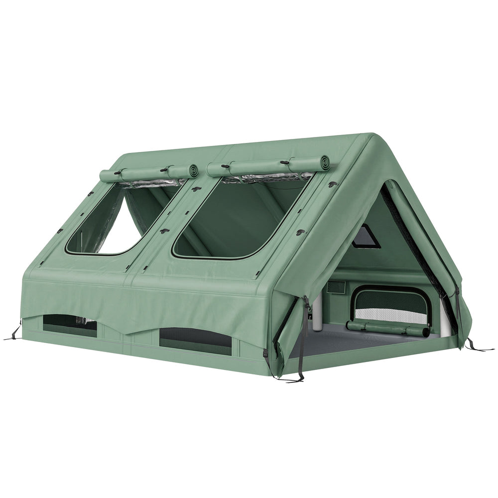 Outsunny Inflatable Camping Tent, 4 Season Hot Tent 10000mm Waterproof with Chimney Opening, Sky Light and Air Pump, Green