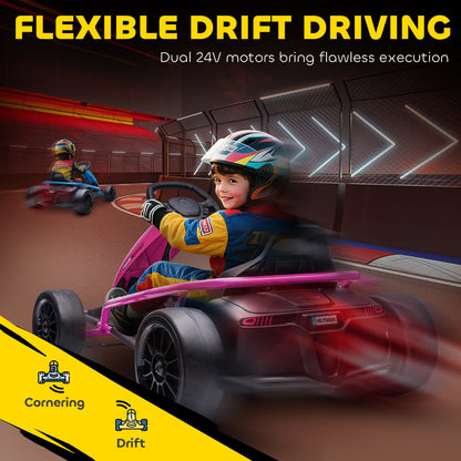 HOMCOM 24V Electric Go Kart for Kids, Drift Ride-On Racing Go Kart with 2 Speeds, for Boys Girls Aged 8-12 Years Old, Pink