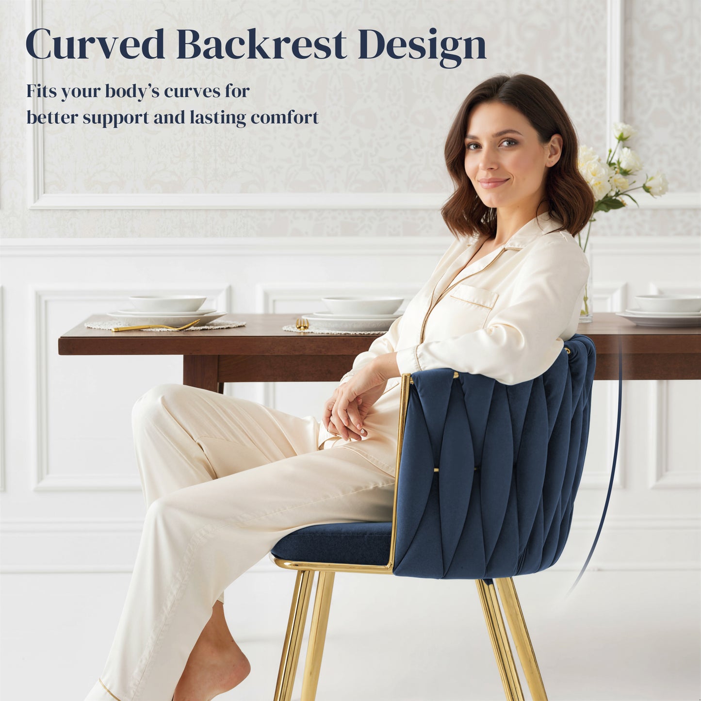 HOMCOM Velvet-Feel Dining Chairs Set of 2, Modern Upholstered Kitchen Chairs with Woven Backrest and Armrests, Metal Legs and Padded Seat for Dining Room, Bedroom, Living Room, Dark Blue