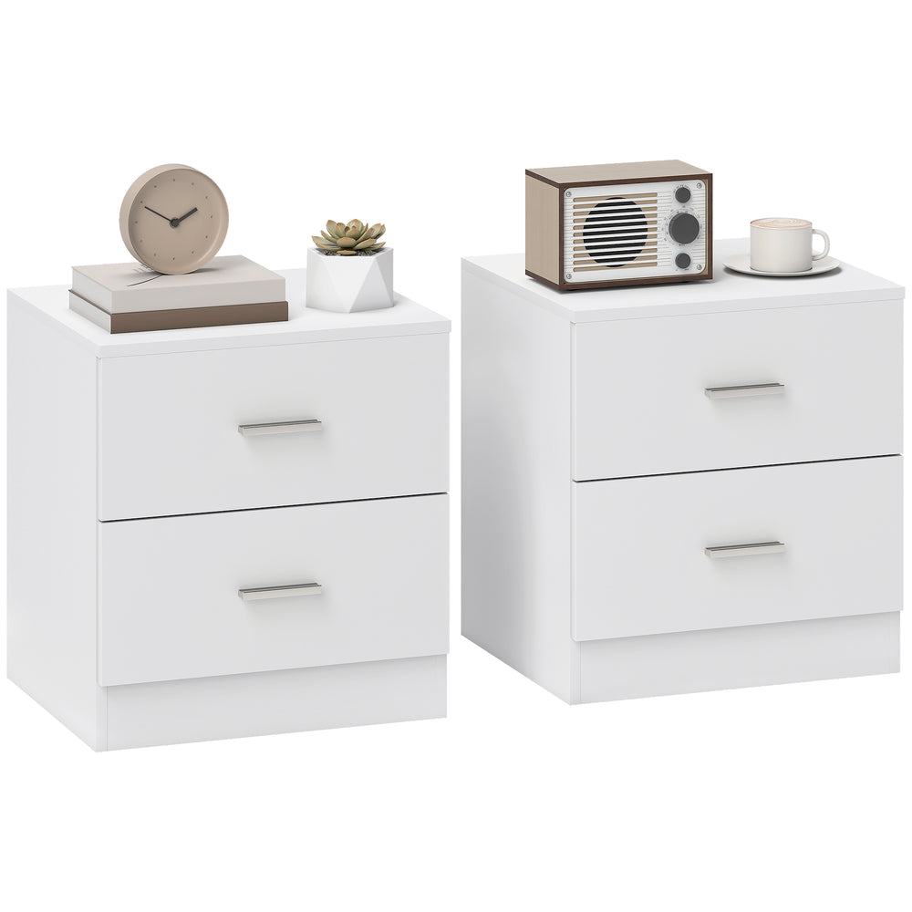 HOMCOM Set of 2 Modern Nightstands, Bedside Tables with 2 Storage Drawers, Accent End Table for Bedroom and Living Room, White