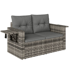 Outsunny 2 Seater Rattan Garden Sofa Outdoor Loveseat with Hidden Side Trays and Cushions for Patio Balcony, Dark Grey