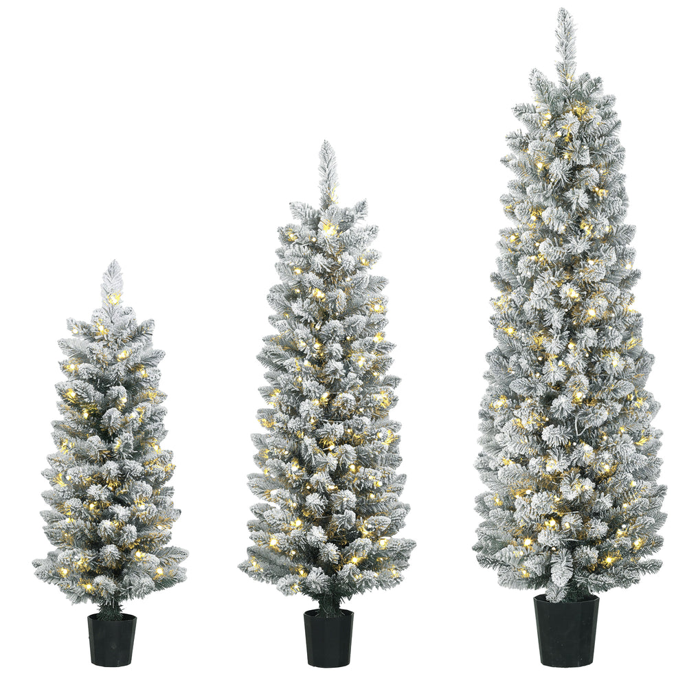 HOMCOM Prelit Snowy Flocked Artificial Christmas Tree Set of 3, Slim Xmas Tree with PVC Tips, 3FT+4FT+5FT