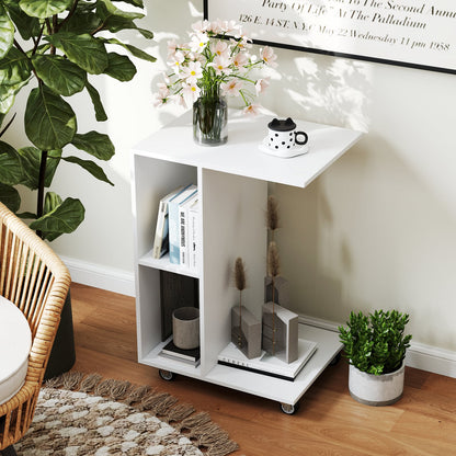 C-Shaped End Table Narrow Side Table with Storage Shelves-White