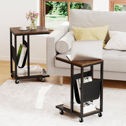 C-shaped Side Table on Wheels with Storage Pouch for Living Room and Bedroom-Rustic Brown