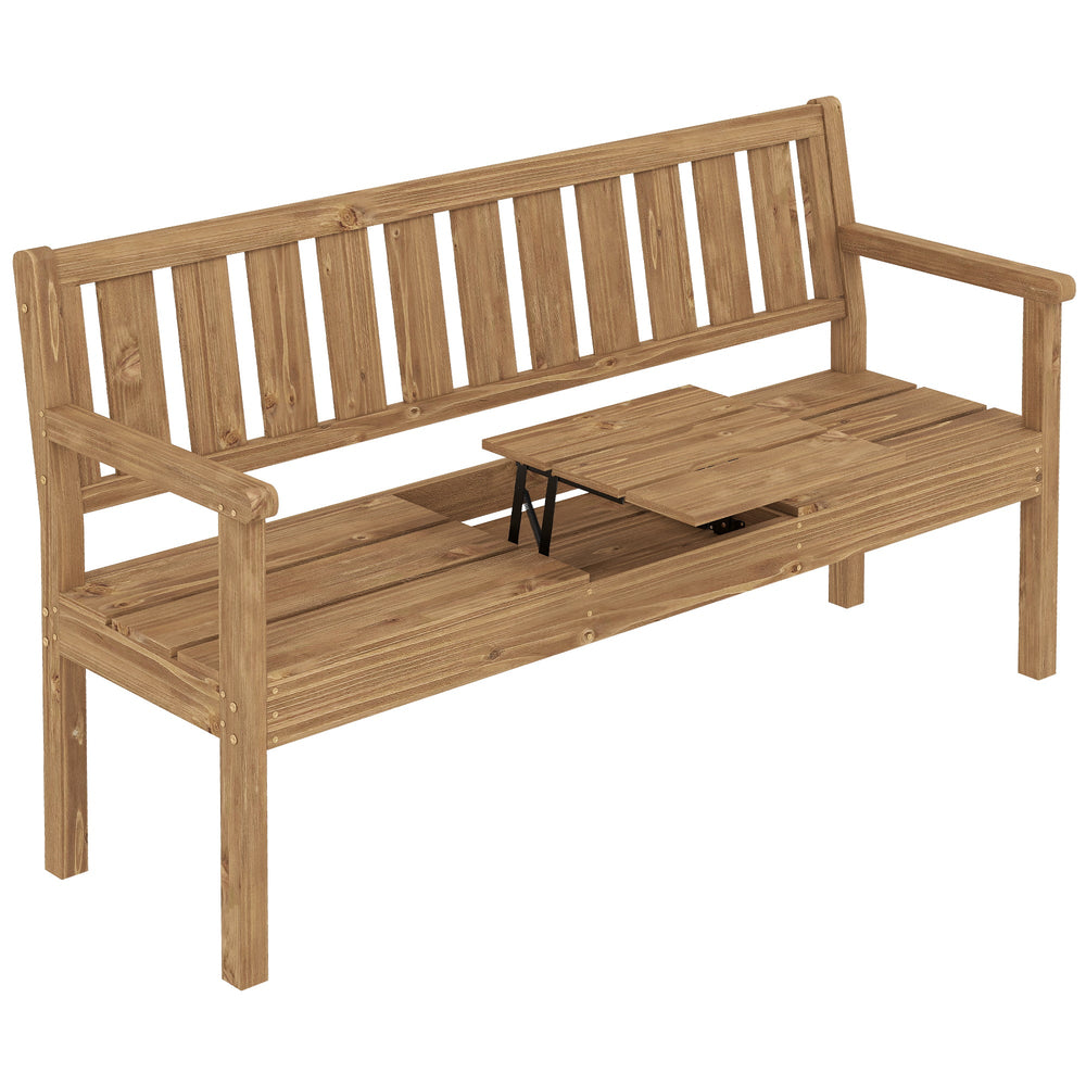 Outsunny Wooden Garden Bench with Liftable Table & Shelf, 2-3-Seater Outdoor Loveseat with Fir Wood Frame, Teak