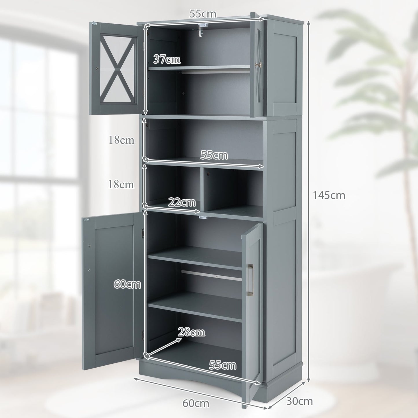 Tall Bathroom Floor Storage Cabinet with Acrylic Doors and 3 Cubes-Grey