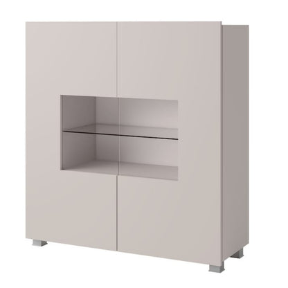 White cabinet with a glass panel on a white background