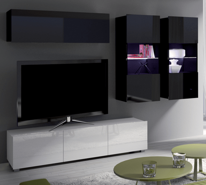 Modern living room with a TV and high-gloss black and white cabinets.
