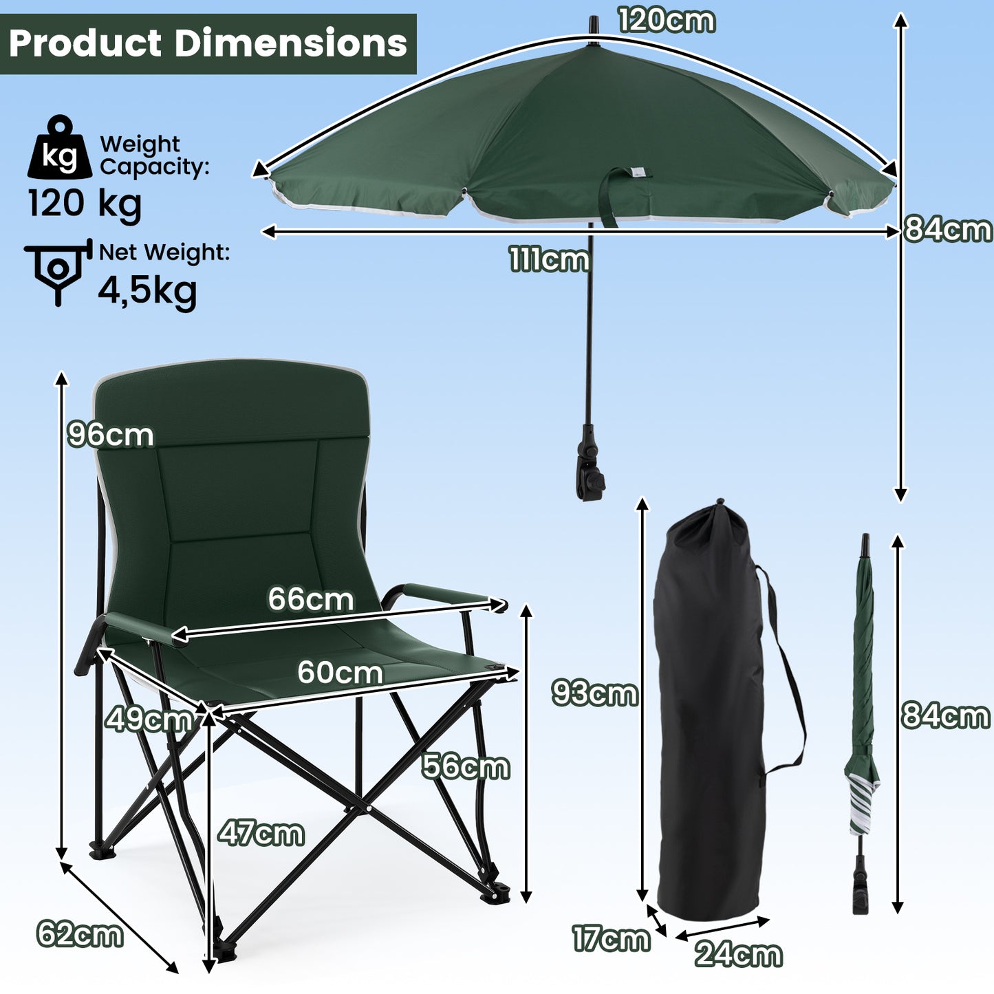 Camping Chair with Adjustable Umbrella and Portable Carrying Bag-Green 2 Pack